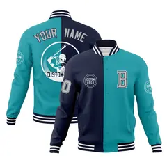 Navy Aqua Split Letterman Full-Snap Varsity Baseball Jacket