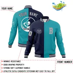 Navy Aqua Split Letterman Full-Snap Varsity Baseball Jacket 4