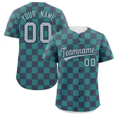 Navy Aqua Square Grid Color Block Baseball Jersey