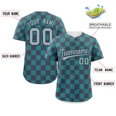 Navy Aqua Square Grid Color Block Baseball Jersey 2