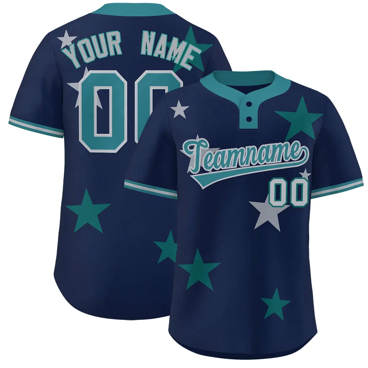 Navy Aqua Star Graffiti Two-Button Baseball Jersey