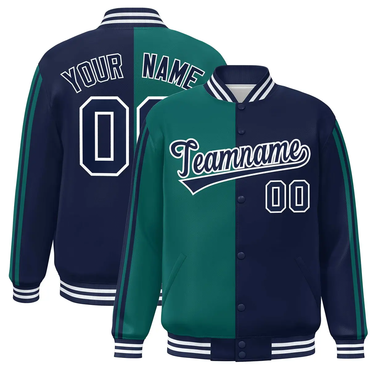 Navy Aqua Two Tone Color Block Varsity Bomber Jacket