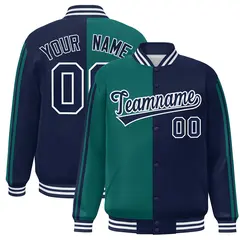 Navy Aqua Two Tone Color Block Varsity Bomber Jacket 1