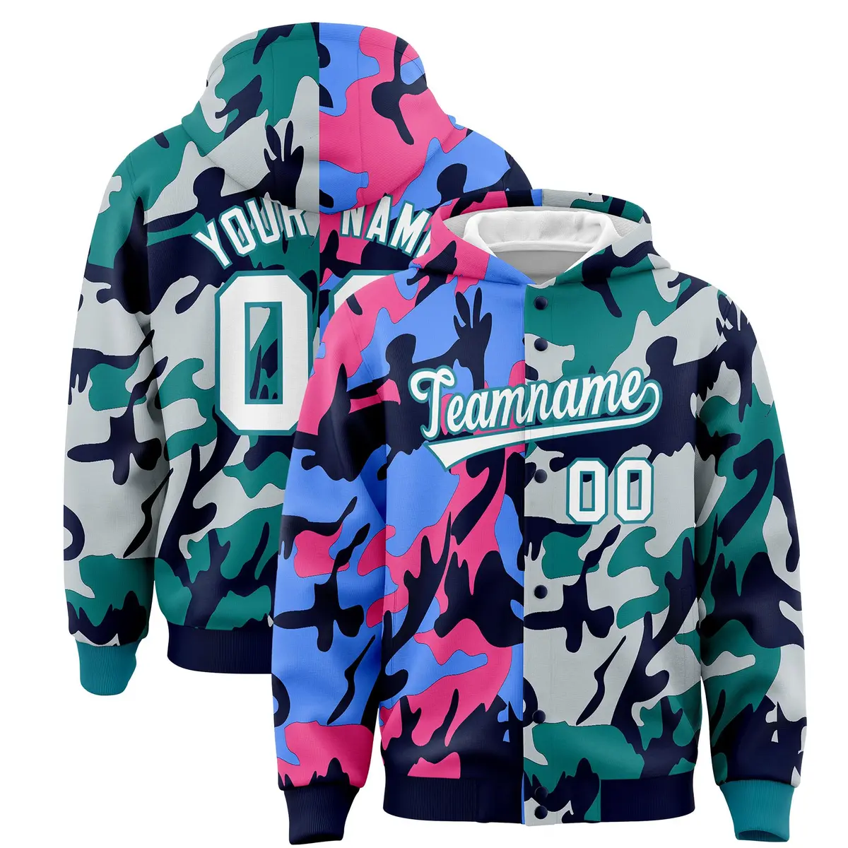 Navy Aqua Two Tone Full-Snap Varsity Letterman Jacket Hoodie