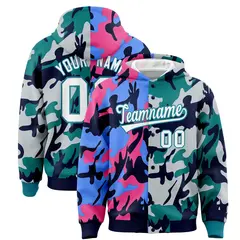 Navy Aqua Two Tone Full-Snap Varsity Letterman Jacket Hoodie