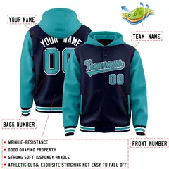 Navy Aqua Two Tone Raglan Full-Snap Varsity Letterman Jacket Hoodie 4