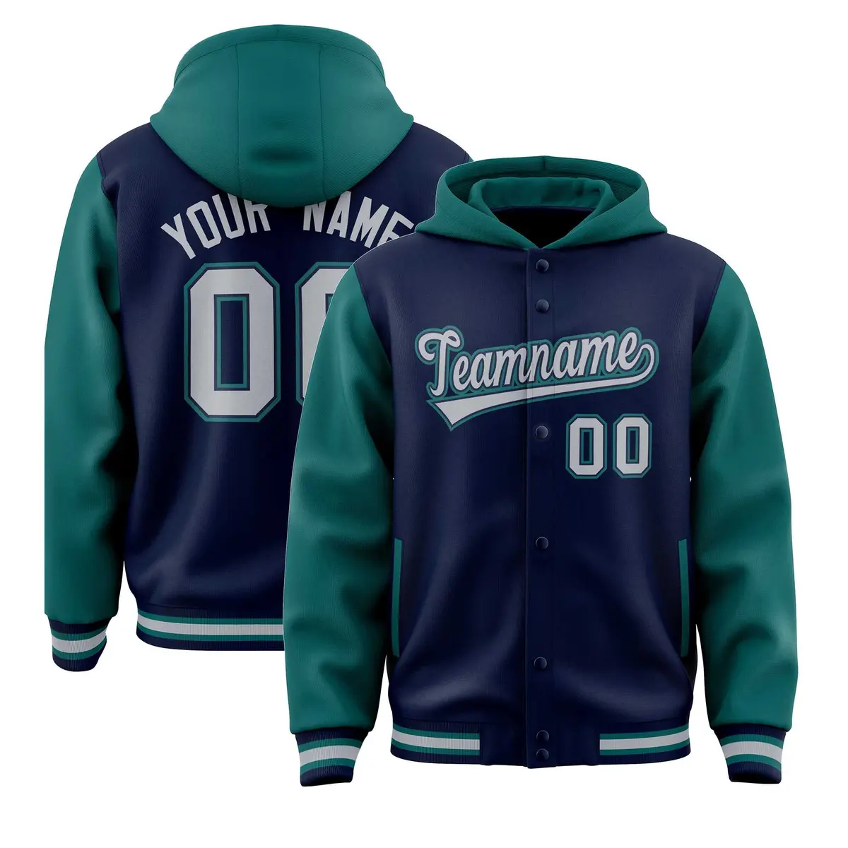 Navy Aqua Two Tone Raglan Full-Snap Varsity Letterman Jacket Hoodie
