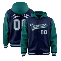 Navy Aqua Two Tone Raglan Full-Snap Varsity Letterman Jacket Hoodie 1