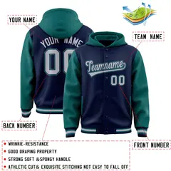 Navy Aqua Two Tone Raglan Full-Snap Varsity Letterman Jacket Hoodie 4