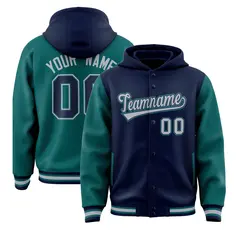 Navy Aqua Two Tone Raglan Full-Snap Varsity Letterman Jacket Hoodie 1