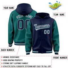 Navy Aqua Two Tone Raglan Full-Snap Varsity Letterman Jacket Hoodie 4