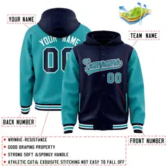 Navy Aqua Two Tone Raglan Full-Snap Varsity Letterman Jacket Hoodie 4