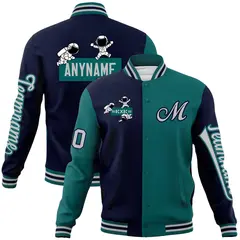 Navy Aqua Two Tone Split Full-Snap Letterman Jacket Raglan Sleeves