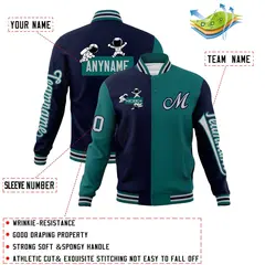 Navy Aqua Two Tone Split Full-Snap Letterman Jacket Raglan Sleeves 4