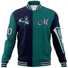 Navy Aqua Two Tone Split Full-Snap Letterman Jacket Raglan Sleeves 5