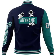 Navy Aqua Two Tone Split Full-Snap Letterman Jacket Raglan Sleeves 6