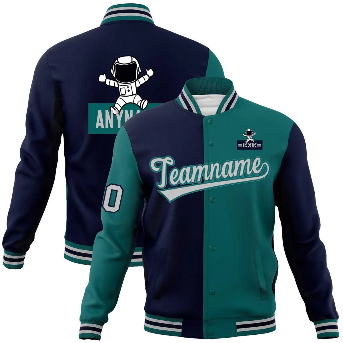Navy Aqua Two Tone Split Full-Snap Letterman Jacket Raglan Sleeves