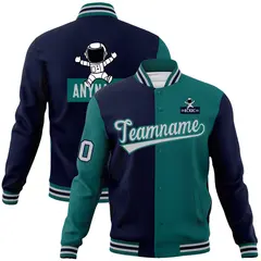 Navy Aqua Two Tone Split Full-Snap Letterman Jacket Raglan Sleeves