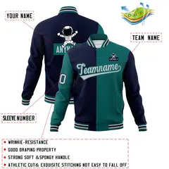 Navy Aqua Two Tone Split Full-Snap Letterman Jacket Raglan Sleeves 4