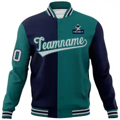 Navy Aqua Two Tone Split Full-Snap Letterman Jacket Raglan Sleeves 5