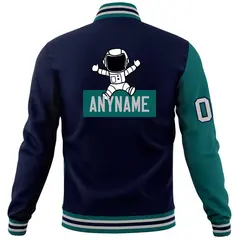 Navy Aqua Two Tone Split Full-Snap Letterman Jacket Raglan Sleeves 6