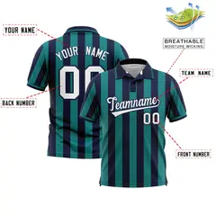 Navy Aqua Vertical Stripes Performance Polo Shirt 2