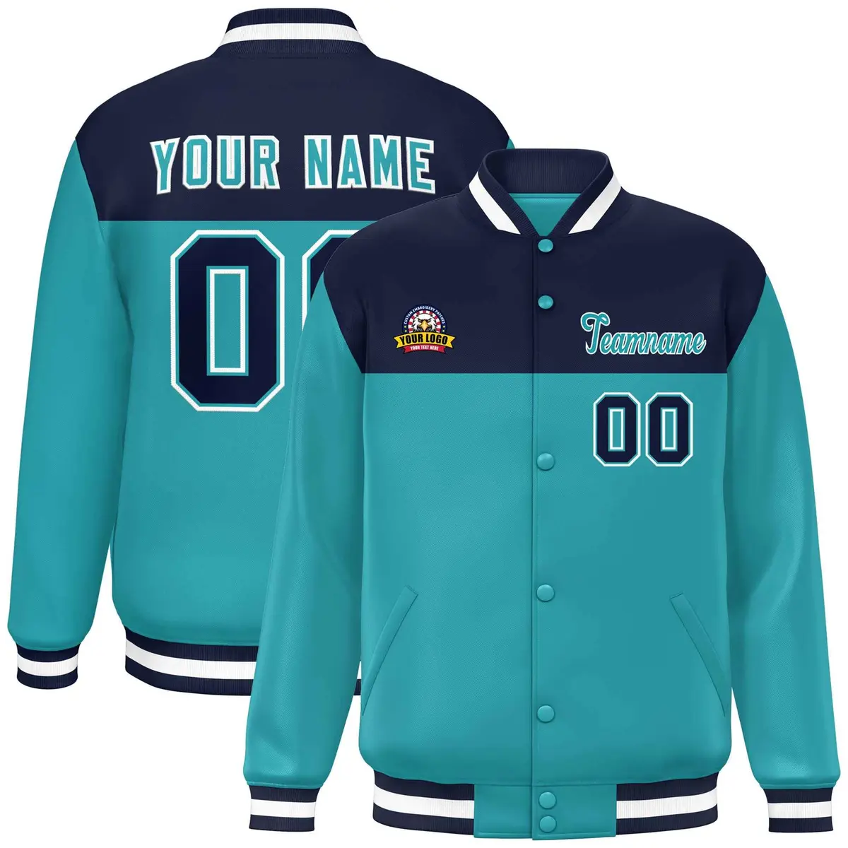 Navy Aqua-White Color Block Lettermen Baseball Jacket