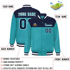 Navy Aqua-White Color Block Lettermen Baseball Jacket 2