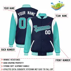 Navy Aqua-White Color Block Varsity Baseball Jacket 2