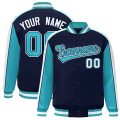 Navy Aqua-White Color Block Varsity Baseball Jacket