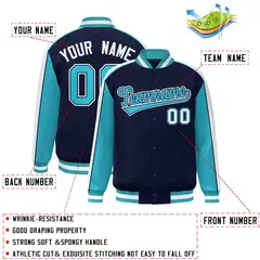 Navy Aqua-White Color Block Varsity Baseball Jacket 2