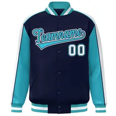 Navy Aqua-White Color Block Varsity Baseball Jacket 3