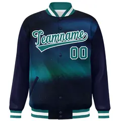 Navy Aqua-White Tie Dye Graffiti Varsity Letterman Jacket 3