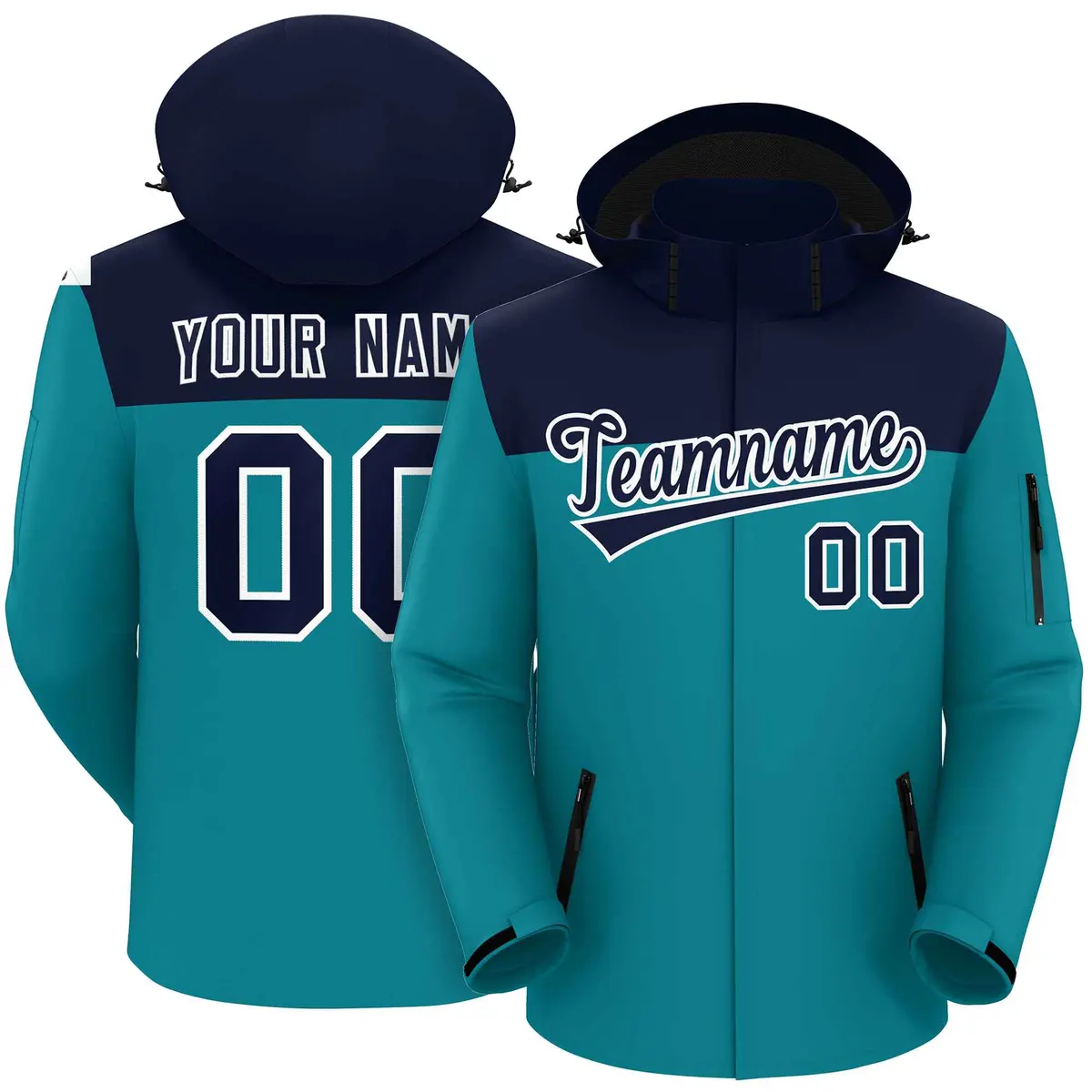 Navy Aqua-White Two Tone Hooded Waterproof Jacket