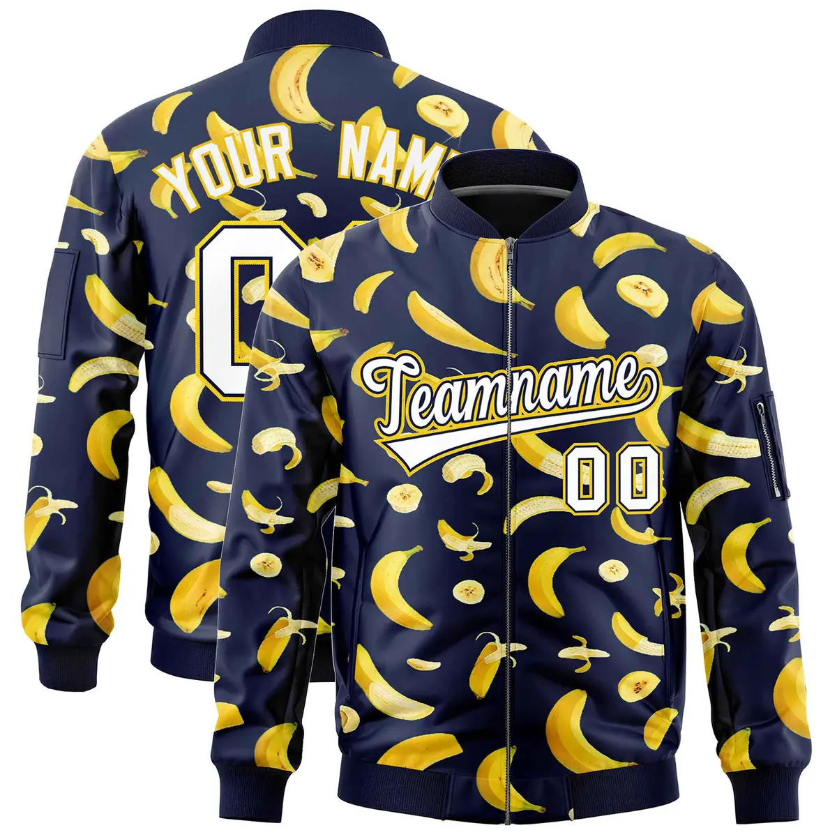Navy Banana Pattern Letterman Bomber Varsity Full-Zip Jacket