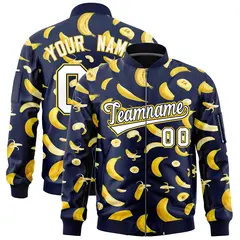 Navy Banana Pattern Letterman Bomber Varsity Full-Zip Jacket