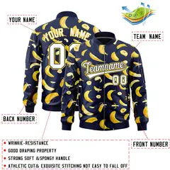 Navy Banana Pattern Letterman Bomber Varsity Full-Zip Jacket 2