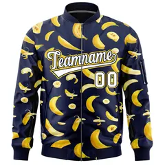 Navy Banana Pattern Letterman Bomber Varsity Full-Zip Jacket 3