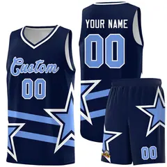 Navy Basketball Kit Light Blue Star Pattern and Double Lines