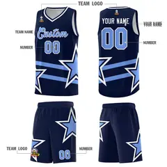 Navy Basketball Kit Light Blue Star Pattern and Double Lines 5