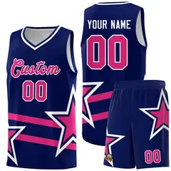 Navy Basketball Kit with Rose Red Star Pattern and Double Lines