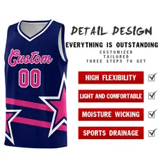 Navy Basketball Kit with Rose Red Star Pattern and Double Lines 2