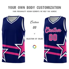 Navy Basketball Kit with Rose Red Star Pattern and Double Lines 3