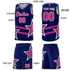 Navy Basketball Kit with Rose Red Star Pattern and Double Lines 5