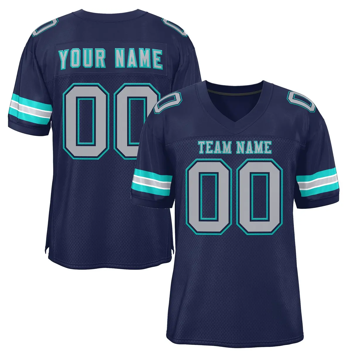 Navy Blue Silver-Aqua Mesh Football Jersey