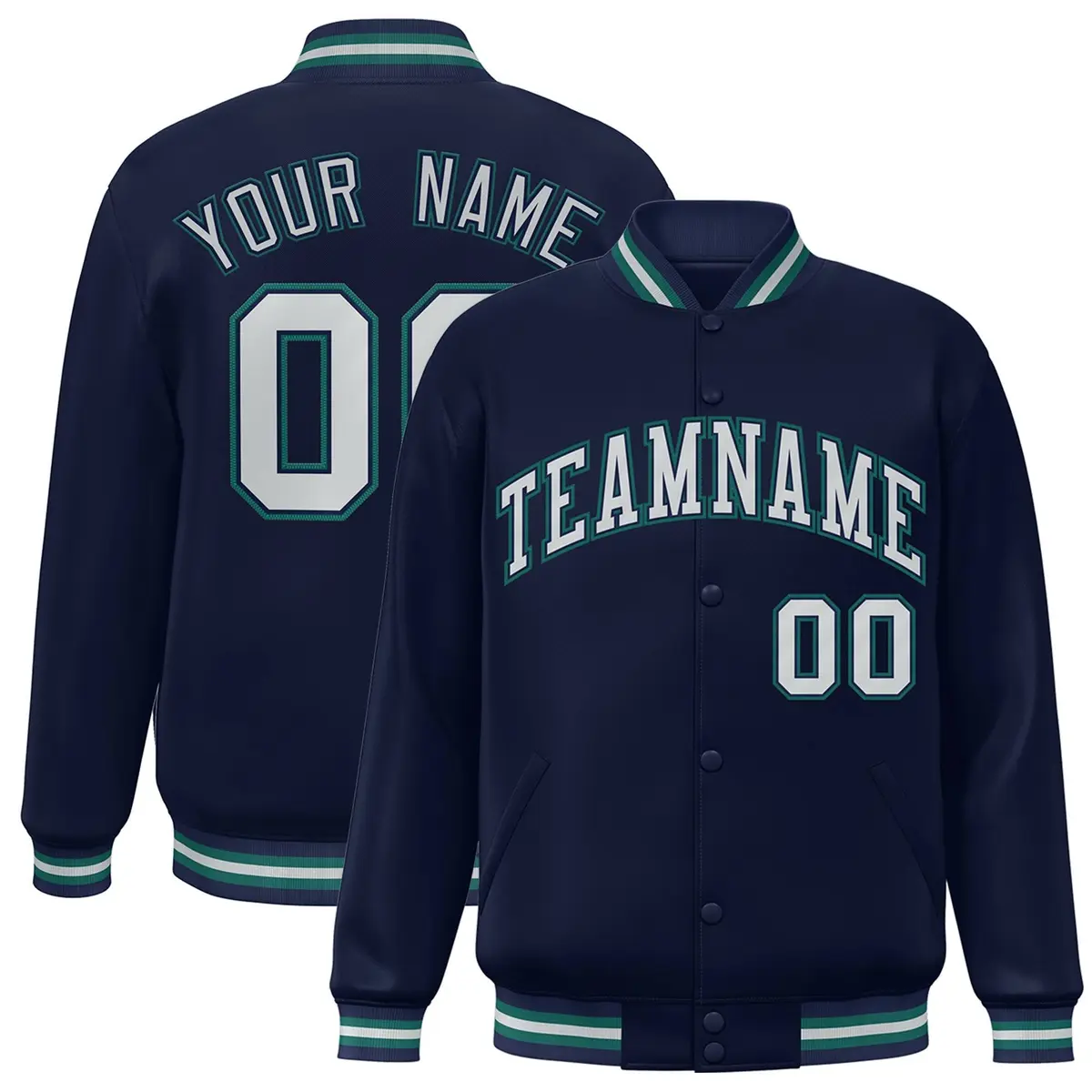 Navy Blue Silver-Aqua Two Tone Varsity Full-Snap Letterman Jacket