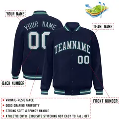 Navy Blue Silver-Aqua Two Tone Varsity Full-Snap Letterman Jacket 2