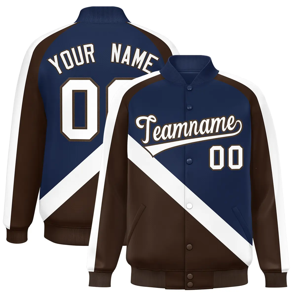 Navy Brown Raglan Varsity Full-Snap Letterman Baseball Jacket