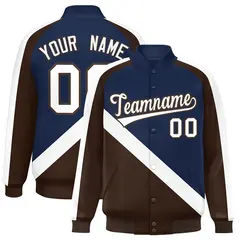 Navy Brown Raglan Varsity Full-Snap Letterman Baseball Jacket 1