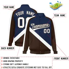 Navy Brown Raglan Varsity Full-Snap Letterman Baseball Jacket 2